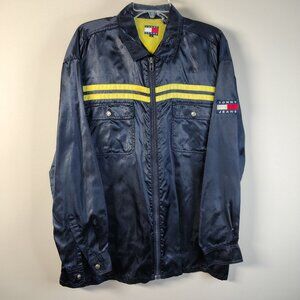 VINTAGE 90s Tommy Hilfiger Jeans Jacket Navy Yellow Striped Satin Full Zip